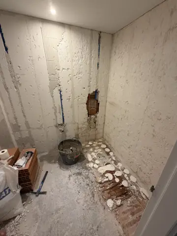 Baño en blanco y madera — proceso de obra, foto 2